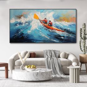 Hand Painted Oil Painting Custom Kayaking Sports Wall Art Original Water Surfing Sports Abstract Blue Ocean Canvas Oil Painting Minimalist Wall Decor (Style: 01, size: 90x120cm)