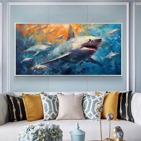 Hand Painted Oil Painting Large Abstract Shark Oil Painting on Canvas Original Fish School Painting Ocean Art Decor Living room Wall Decor Modern Blue (Style: 01, size: 60x120cm)