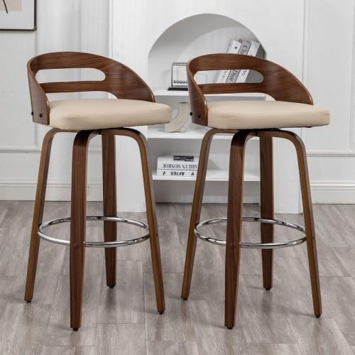 Bar Stools Set of 2, Swivel Bar Height Stools with Low Back, Wood Bar Chairs with Soft Cushion Seat, 24.6-Inch Seat Height