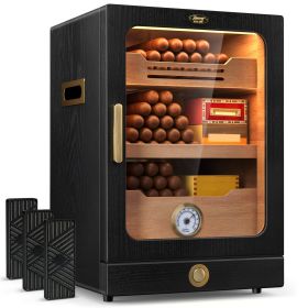 Desktop Cigar Humidor Cabinet, Light Control, Cedar Wood Shelves, Hygrometer, 3 Humidifiers, Cigar Accessories Drawer (Color: Black)