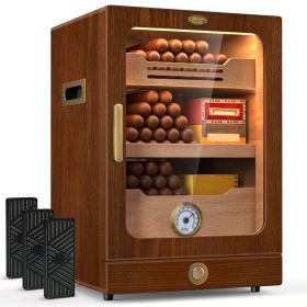 Desktop Cigar Humidor Cabinet, Light Control, Cedar Wood Shelves, Hygrometer, 3 Humidifiers, Cigar Accessories Drawer (Color: Wood)