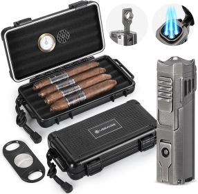 Cigar Travel Humidor and Cigar Lighter Set, Portable Cigar Case with Humidifier Hygrometer, Cutter Cigar Cutter (Color: Black)