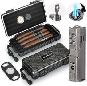 Cigar Travel Humidor and Cigar Lighter Set, Portable Cigar Case with Humidifier Hygrometer, Cutter Cigar Cutter (Color: Carbon Fiber)