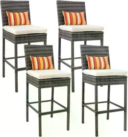 Bar Stools Set of 4, High Brown Rattan Chair with Pillow & Beige Cushion, All-Weather, Bar Chairs (Color: Charcoal beige)