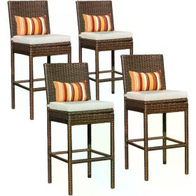 Bar Stools Set of 4, High Brown Rattan Chair with Pillow & Beige Cushion, All-Weather, Bar Chairs (Color: Brown beige)