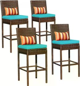 Bar Stools Set of 4, High Brown Rattan Chair with Pillow & Beige Cushion, All-Weather, Bar Chairs (Color: Brown blue)