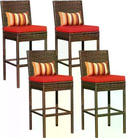 Bar Stools Set of 4, High Brown Rattan Chair with Pillow & Beige Cushion, All-Weather, Bar Chairs (Color: Brown red)