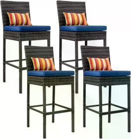 Bar Stools Set of 4, High Brown Rattan Chair with Pillow & Beige Cushion, All-Weather, Bar Chairs (Color: Charcoal navy Blue)